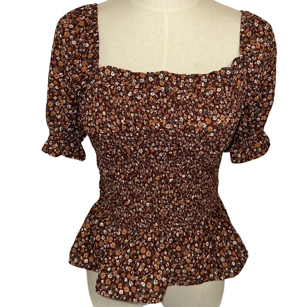MINE Floral Smocked Short Sleeve Top Chocolate Brown Floral Size Medium